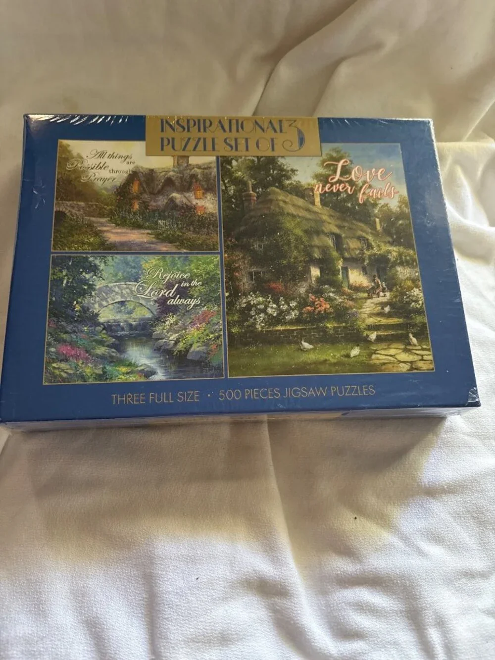 Inspirational 3-Puzzle Set With 500 Pieces Each Featuring Cottage & Nature Scene